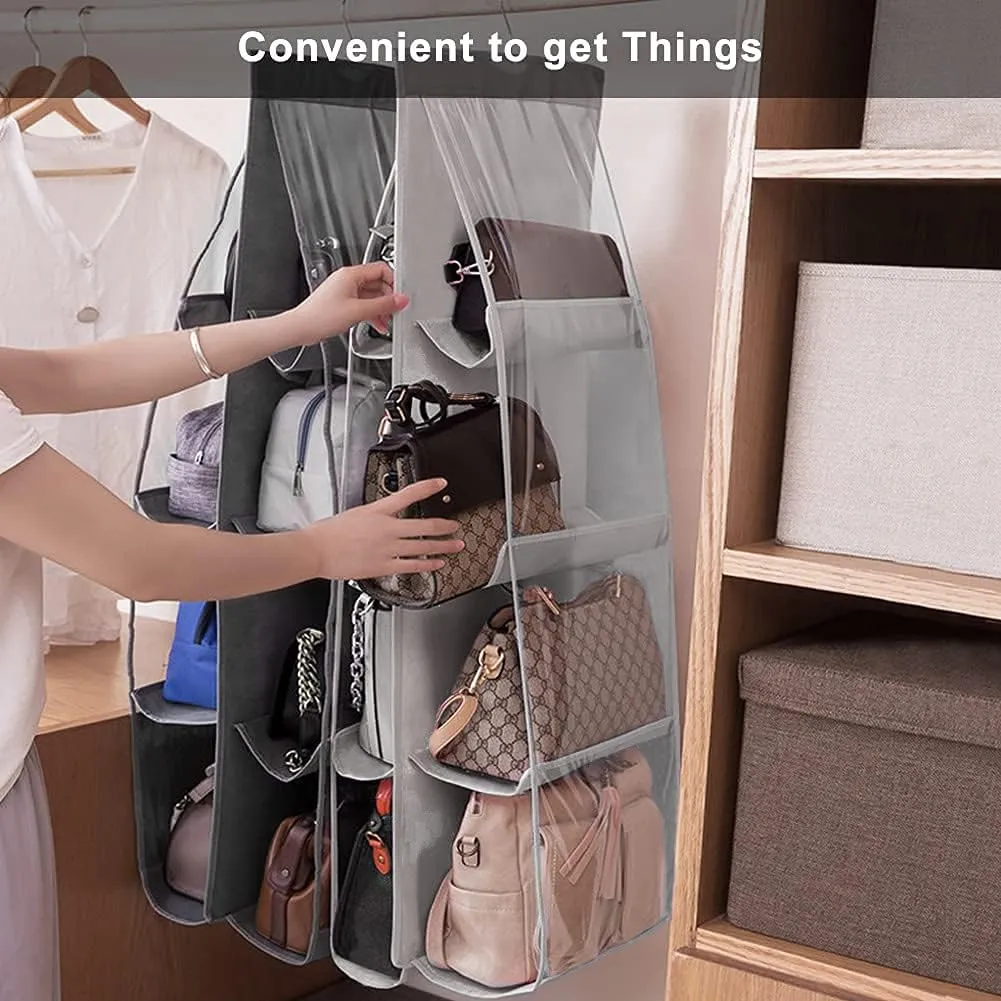 Lirex 8-Pocket Hanging Purse Organizer for Closet - Oxford Cloth Storage System with Double Layer Protection (39.37" x 13.38"),Grey