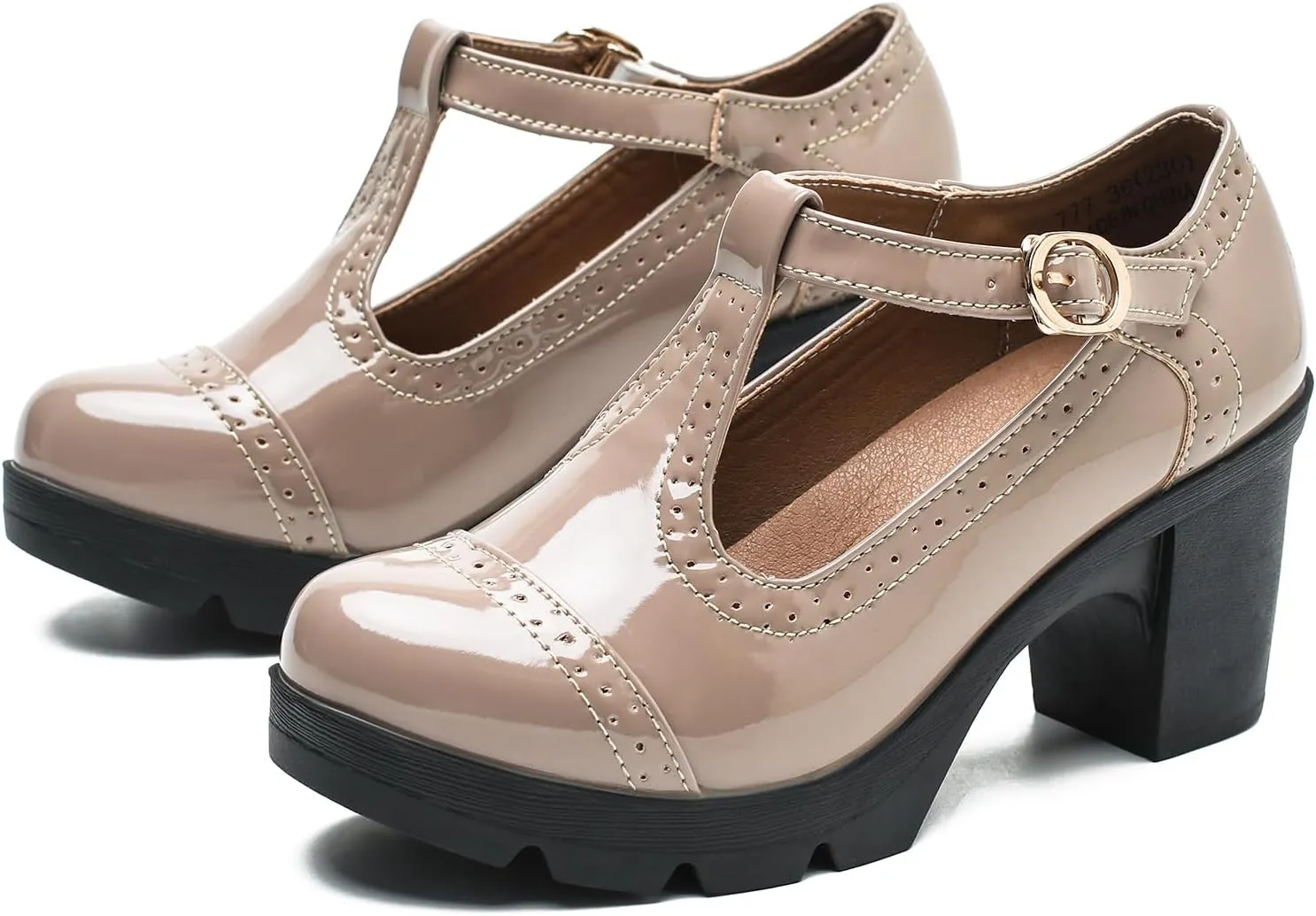 LIURUIJIA Women's Classic Leather T-Strap Mary Jane Heels Ankle Strap Platform Pumps Low Chunky Block Heels Comfortable Round Toe Oxfords Dress Work Shoes