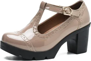 LIURUIJIA Women's Classic Leather T-Strap Mary Jane Heels Ankle Strap Platform Pumps Low Chunky Block Heels Comfortable Round Toe Oxfords Dress Work Shoes