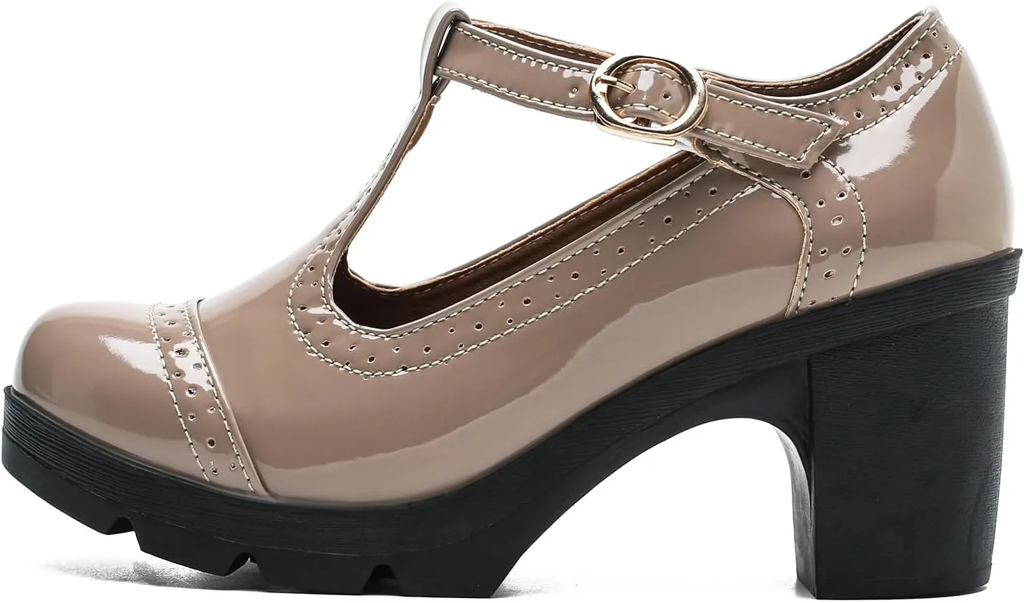 LIURUIJIA Women's Classic Leather T-Strap Mary Jane Heels Ankle Strap Platform Pumps Low Chunky Block Heels Comfortable Round Toe Oxfords Dress Work Shoes