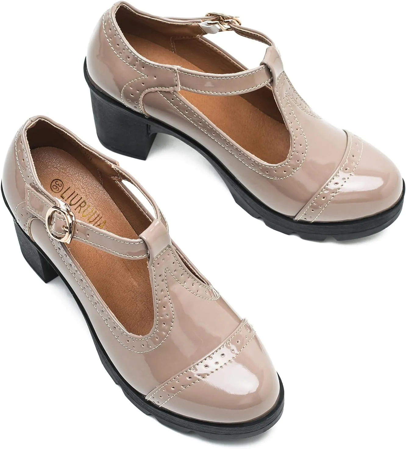 LIURUIJIA Women's Classic Leather T-Strap Mary Jane Heels Ankle Strap Platform Pumps Low Chunky Block Heels Comfortable Round Toe Oxfords Dress Work Shoes