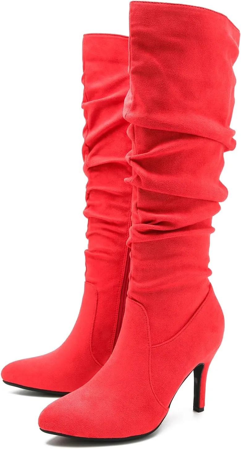 LIURUIJIA Women's Slouchy Knee High Boots Side Zipper Stiletto High Heeled Pointed Toe Fashion Fall Boots