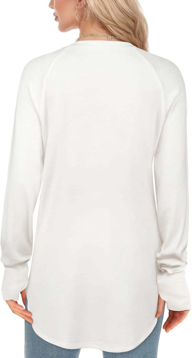 Long Sleeve Shirts for Women Tunic Tops to Wear with Leggings Crew Neck T-shirt Thumb Holes Loose Fit Shirt Curved Hem