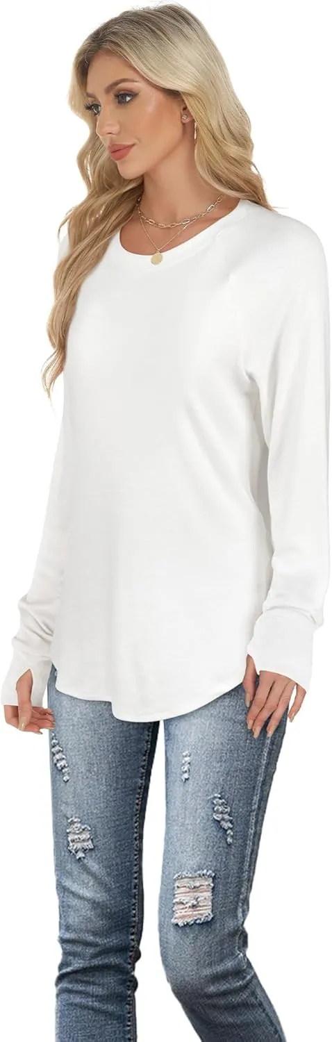 Long Sleeve Shirts for Women Tunic Tops to Wear with Leggings Crew Neck T-shirt Thumb Holes Loose Fit Shirt Curved Hem