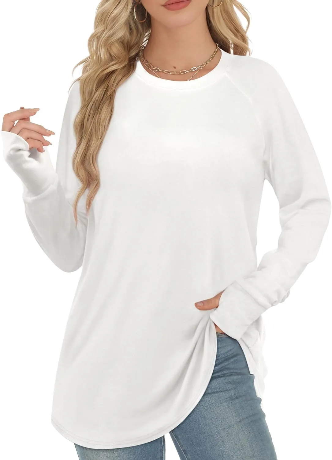 Long Sleeve Shirts for Women Tunic Tops to Wear with Leggings Crew Neck T-shirt Thumb Holes Loose Fit Shirt Curved Hem