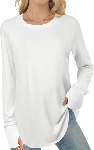 Long Sleeve Shirts for Women Tunic Tops to Wear with Leggings Crew Neck T-shirt Thumb Holes Loose Fit Shirt Curved Hem