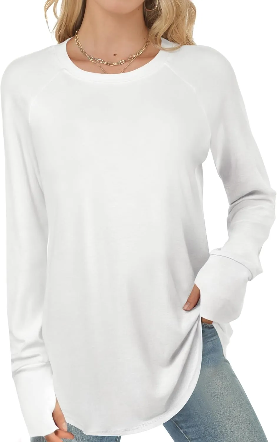 Long Sleeve Shirts for Women Tunic Tops to Wear with Leggings Crew Neck T-shirt Thumb Holes Loose Fit Shirt Curved Hem
