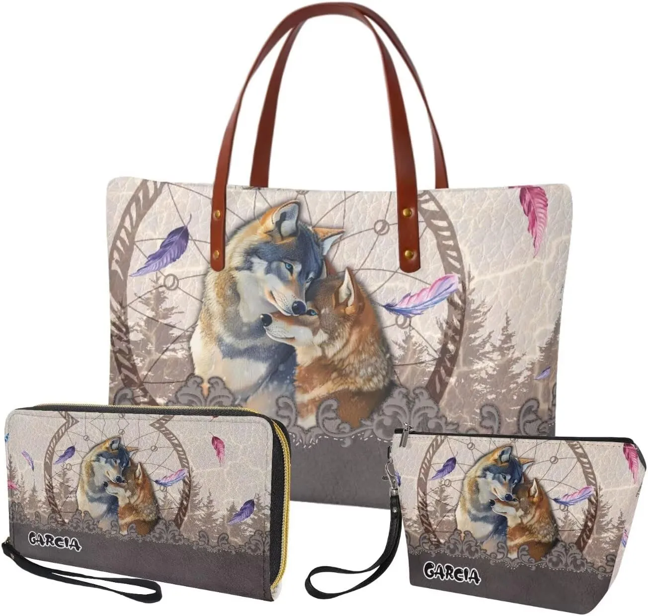 Lotusorchid Custom Tote Bag Name, Top Handle Handbag Satchel Shoulder Bag with Leather Wallet Cosmetic Bag for Women