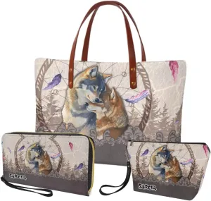 Lotusorchid Custom Tote Bag Name, Top Handle Handbag Satchel Shoulder Bag with Leather Wallet Cosmetic Bag for Women