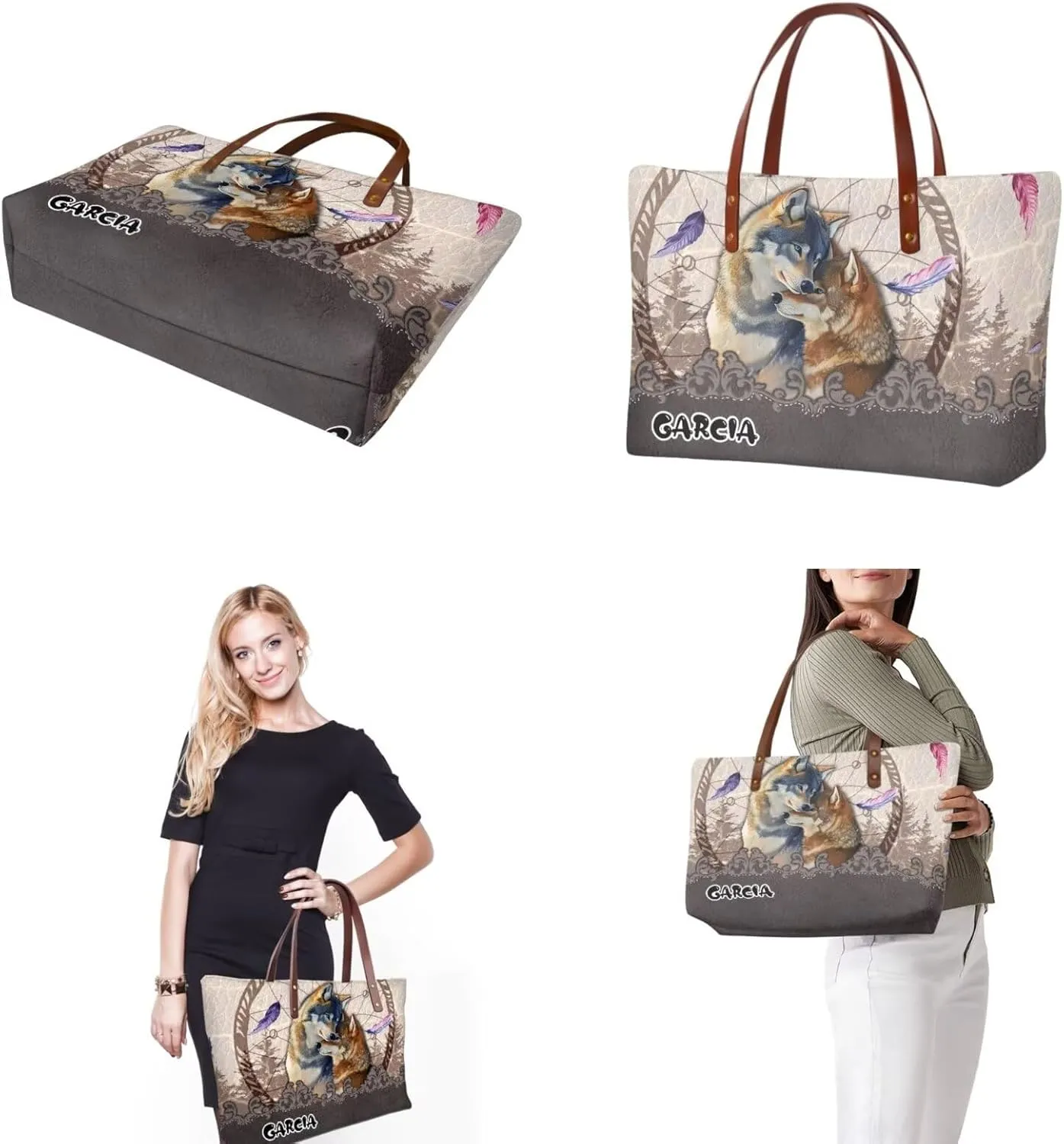 Lotusorchid Custom Tote Bag Name, Top Handle Handbag Satchel Shoulder Bag with Leather Wallet Cosmetic Bag for Women