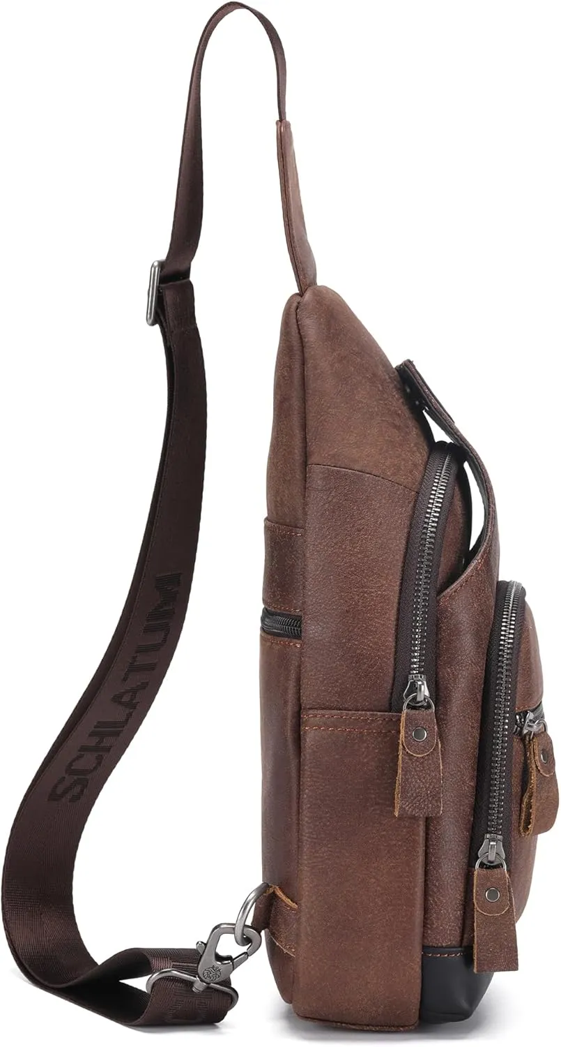 LUKZIJAES Genuine Leather Sling Bag for Men and Women Crossbody Shoulder Chest Pack Hiking Carry on Casual Daypack Outdoor Travel Backpack (#1-Coffee)