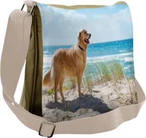 Lunarable Dog Lover Messenger Bag, Golden Retriever on Sand, Unisex Cross-body