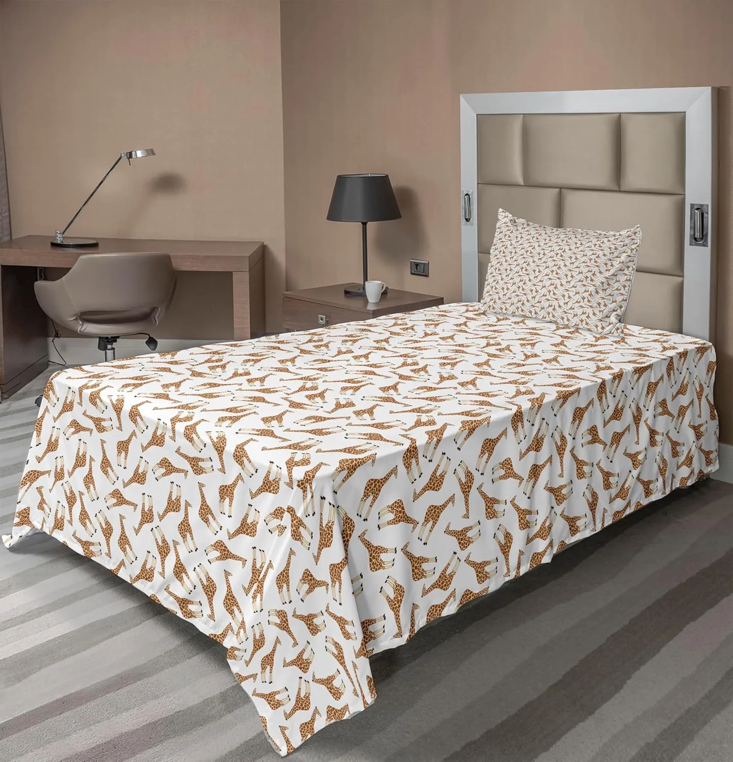 Lunarable Savannah Sheet Set, Simplistic Illustration Giraffe Animal Upside Down Messy Arrangement, Fitted and Flat Sheet with Pillowcase Bedding Accent 3 Piece Set, Twin, Brown White