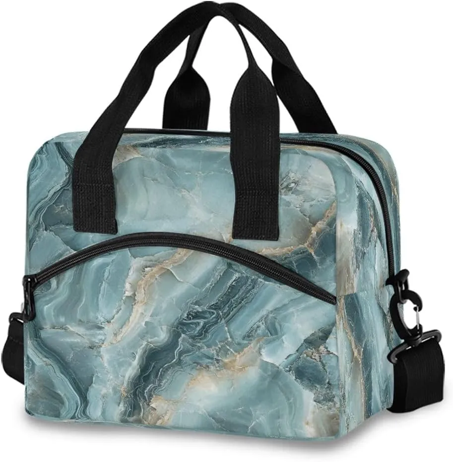Lunch Bag for Kids Green Marble with A Hint Of Gold Pattern Cooler Lunch Box Large Capacity Lunch Organizer for Boys Girls