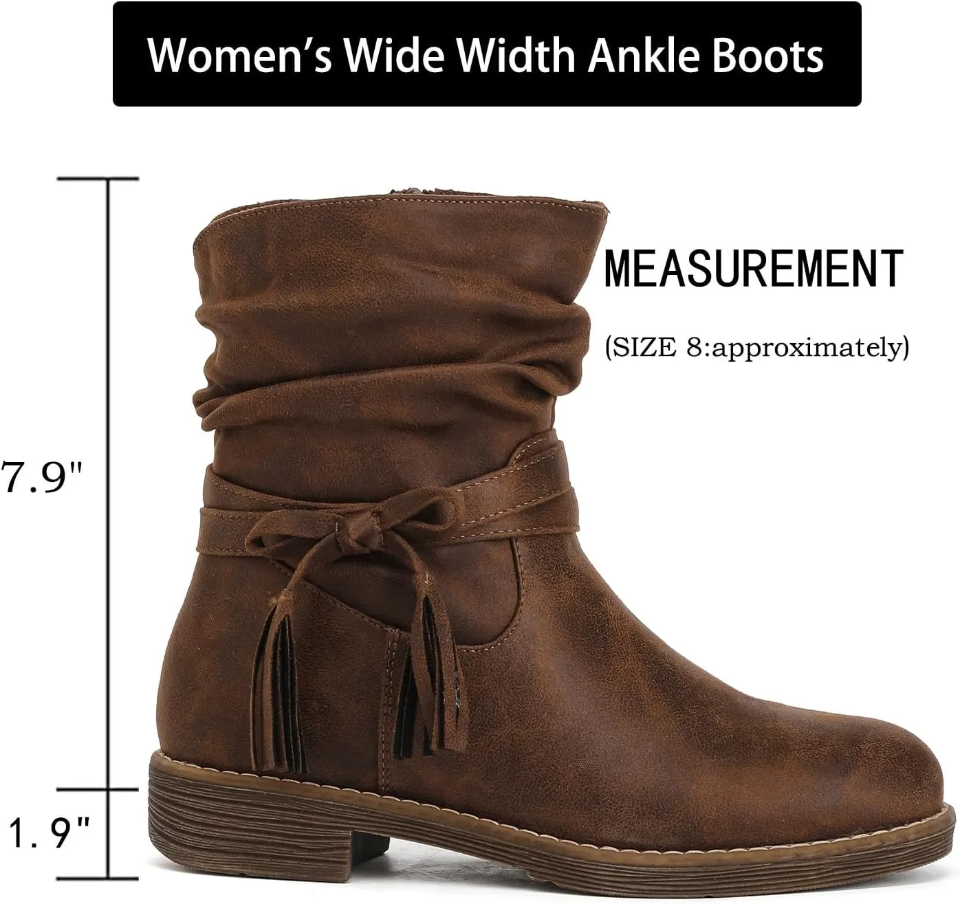 Luoika Women's Wide Width Ankle Boots - Low Heel Side Zipper Slouchy Mid Calf Boots Short Booties.