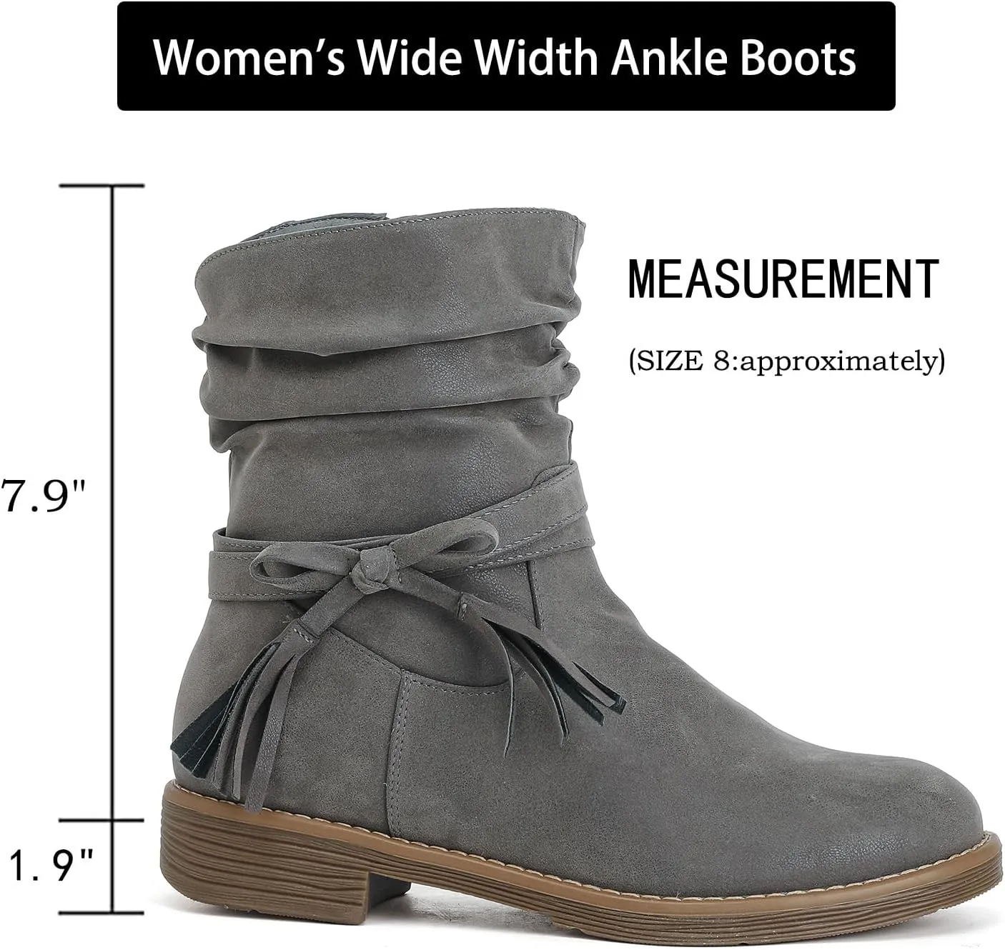 Luoika Women's Wide Width Ankle Boots - Low Heel Side Zipper Slouchy Mid Calf Boots Short Booties.