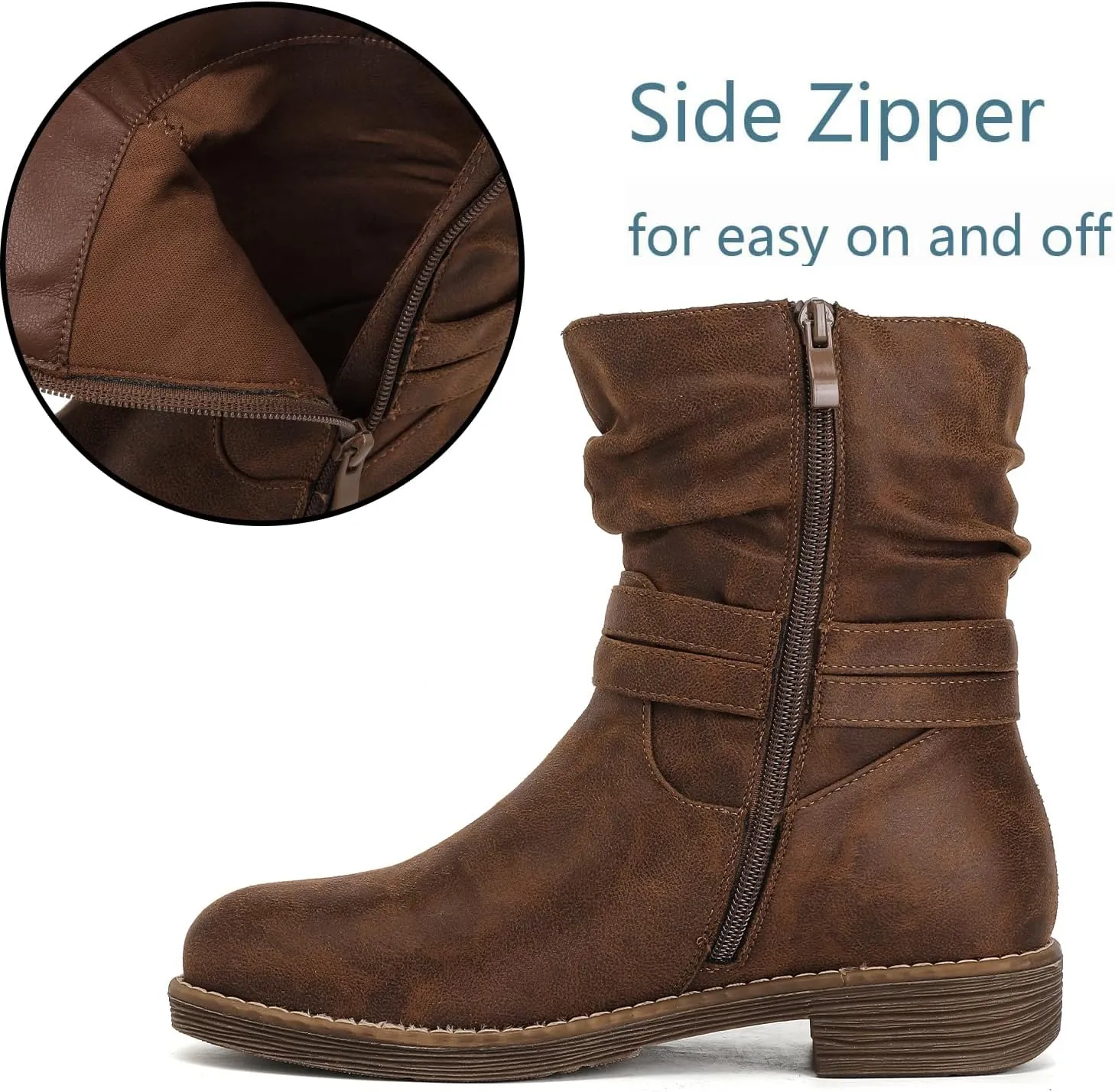 Luoika Women's Wide Width Ankle Boots - Low Heel Side Zipper Slouchy Mid Calf Boots Short Booties.