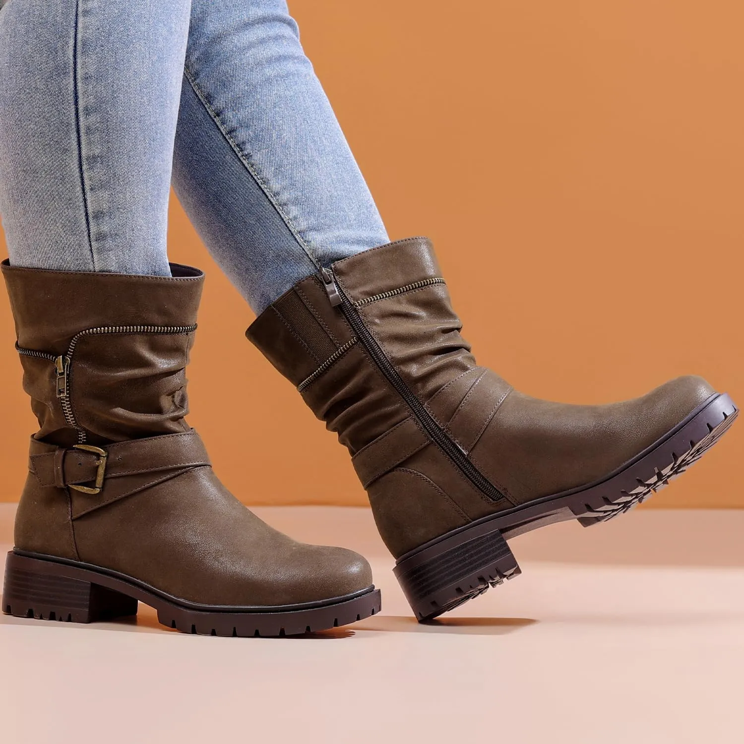 Luoika Women's Wide Width Ankle Boots - Low Heel Side Zipper Slouchy Mid Calf Boots Short Booties.