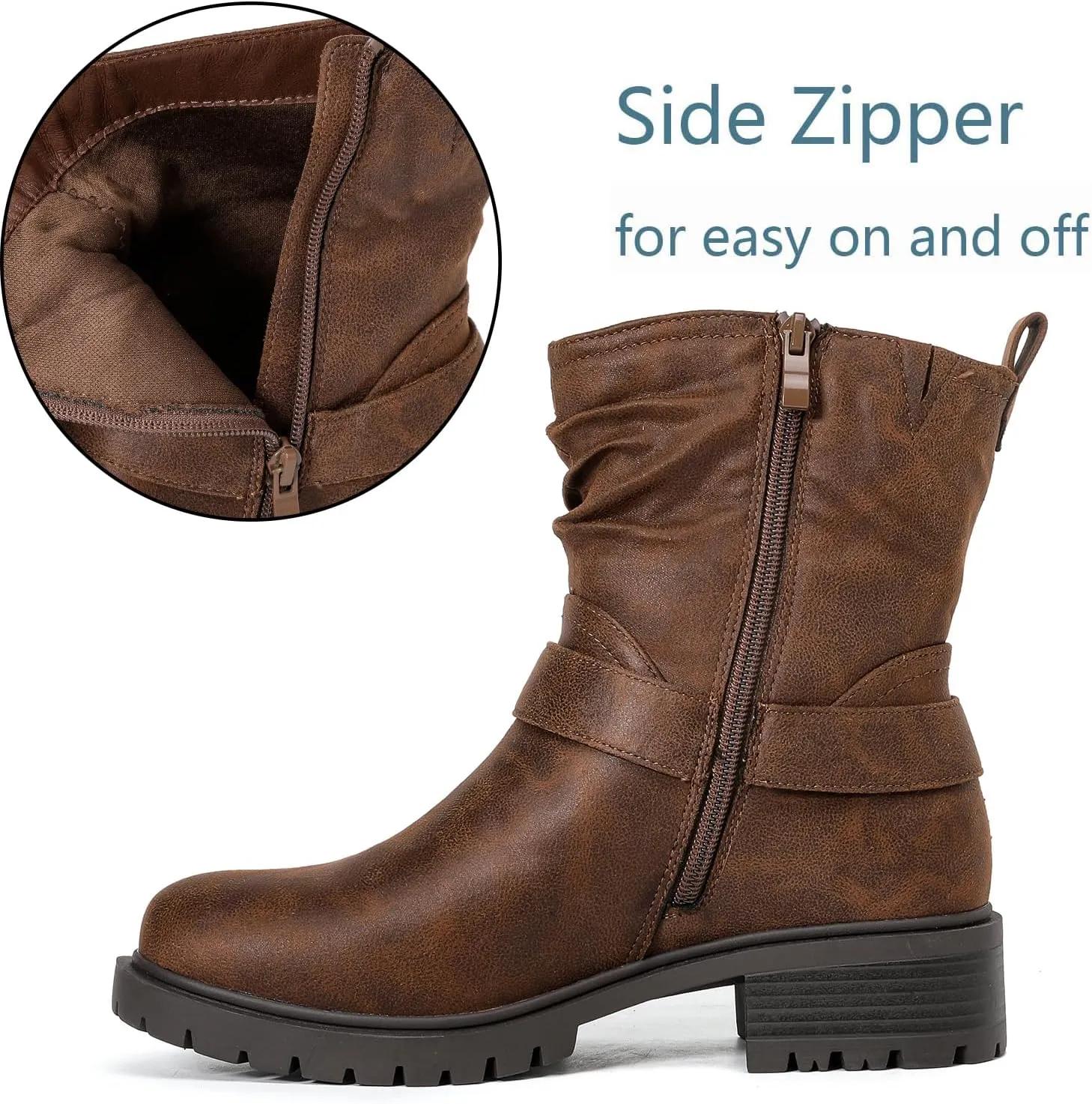 Luoika Women's Wide Width Ankle Boots - Low Heel Side Zipper Slouchy Mid Calf Boots Short Booties.