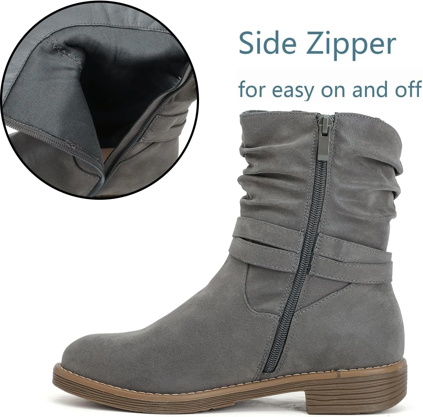 Luoika Women's Wide Width Ankle Boots - Low Heel Side Zipper Slouchy Mid Calf Boots Short Booties.