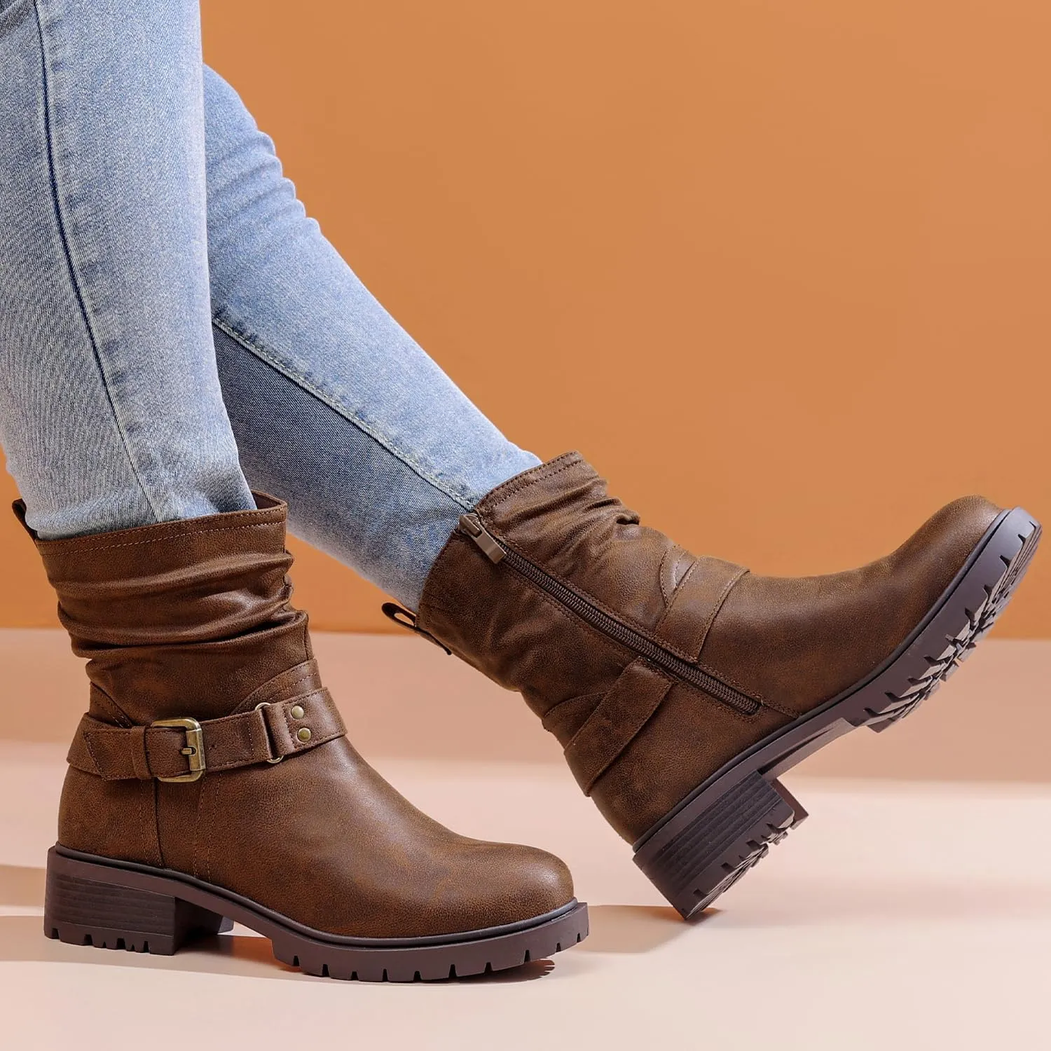 Luoika Women's Wide Width Ankle Boots - Low Heel Side Zipper Slouchy Mid Calf Boots Short Booties.