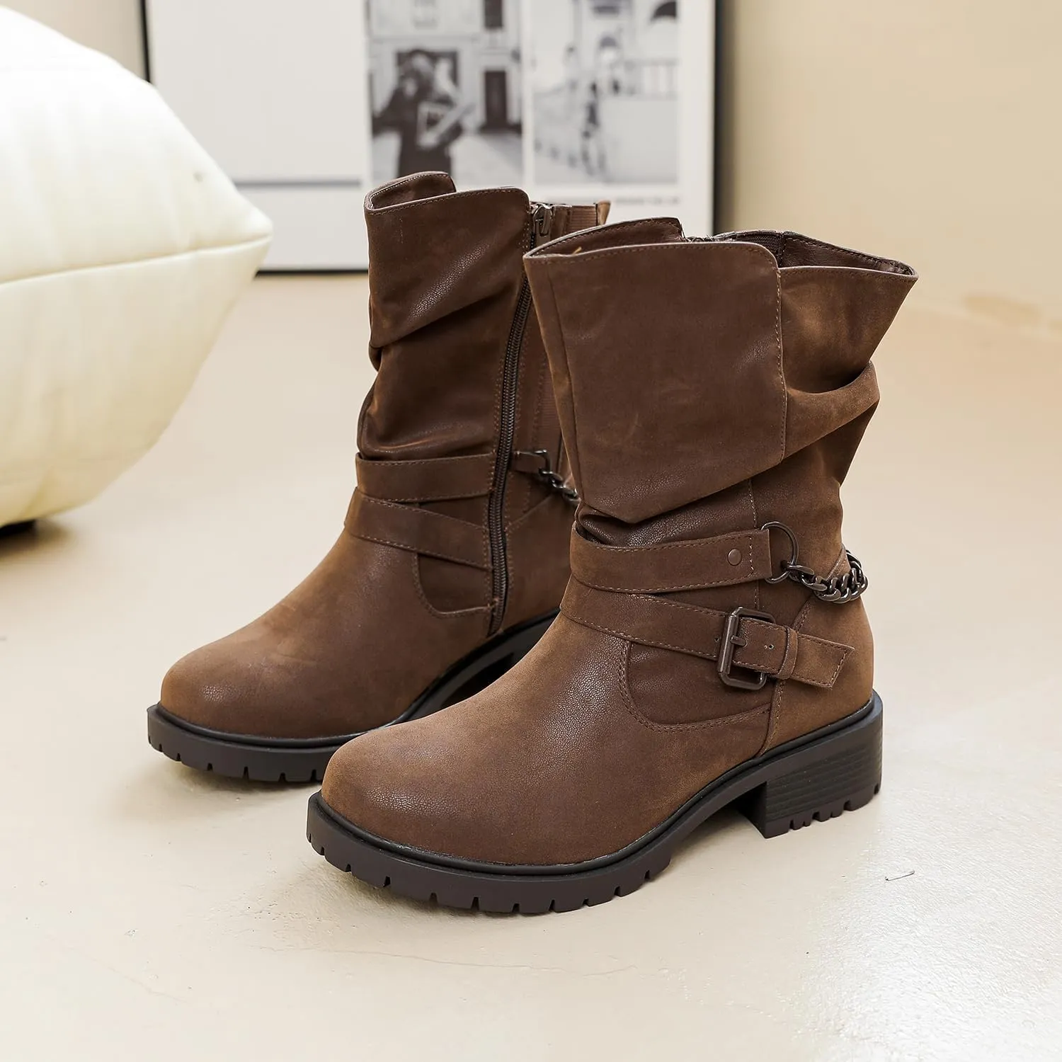 Luoika Women's Wide Width Ankle Boots - Low Heel Side Zipper Slouchy Mid Calf Boots Short Booties.