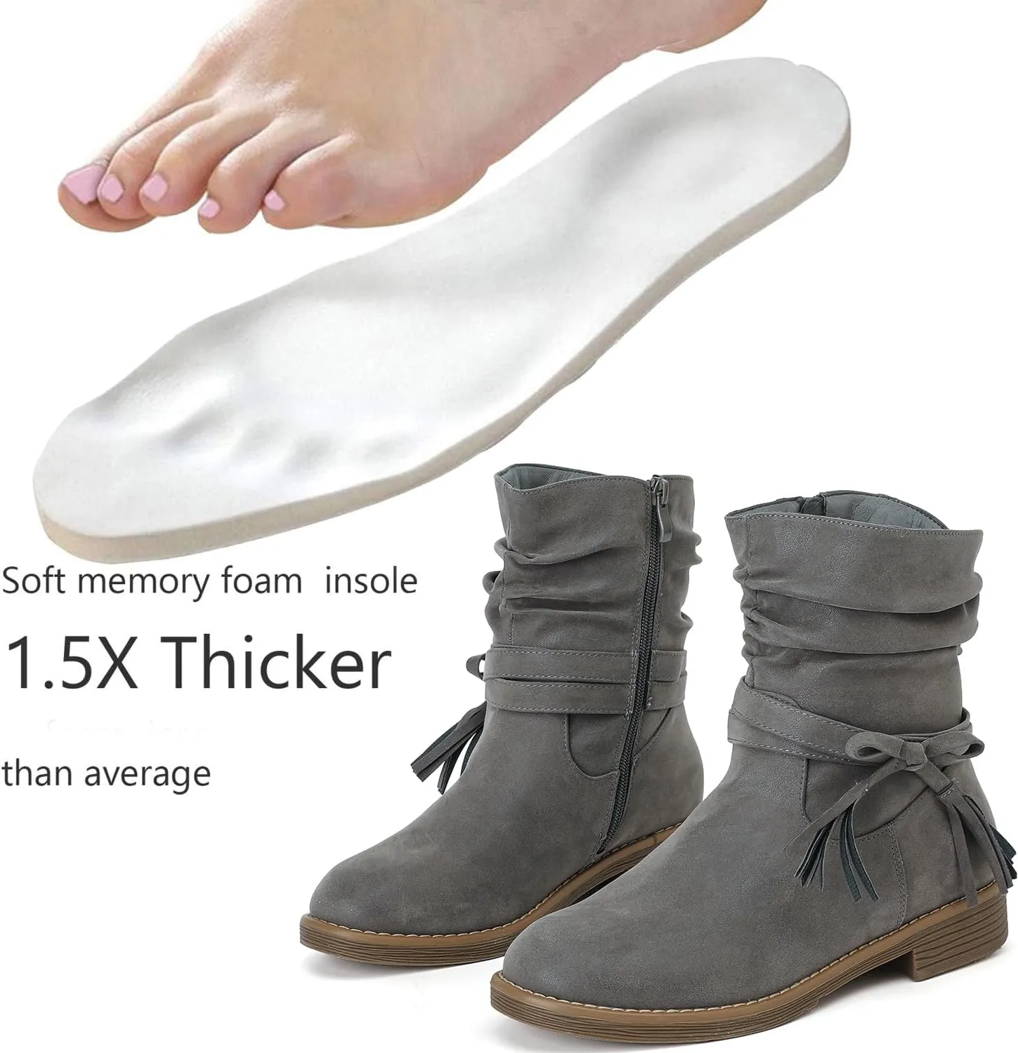 Luoika Women's Wide Width Ankle Boots - Low Heel Side Zipper Slouchy Mid Calf Boots Short Booties.