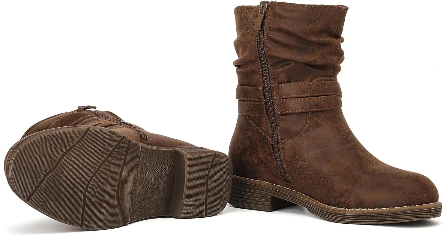 Luoika Women's Wide Width Ankle Boots - Low Heel Side Zipper Slouchy Mid Calf Boots Short Booties.