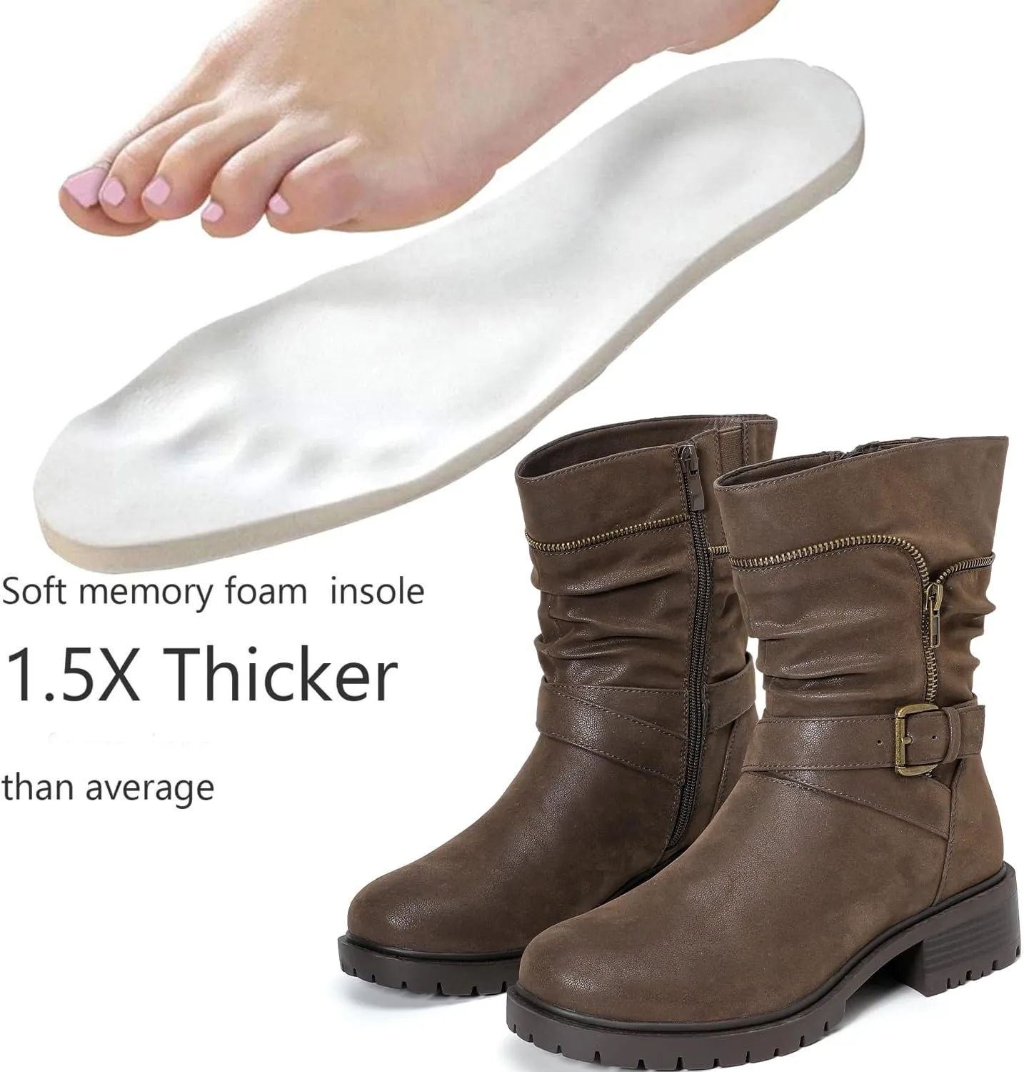 Luoika Women's Wide Width Ankle Boots - Low Heel Side Zipper Slouchy Mid Calf Boots Short Booties.