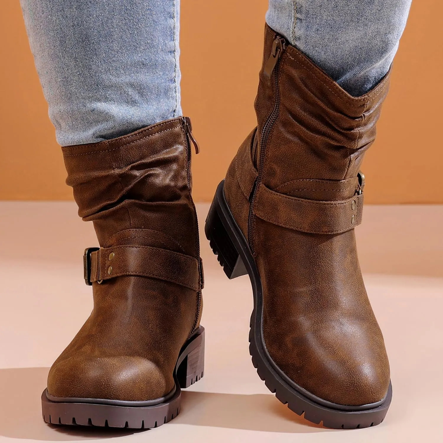 Luoika Women's Wide Width Ankle Boots - Low Heel Side Zipper Slouchy Mid Calf Boots Short Booties.