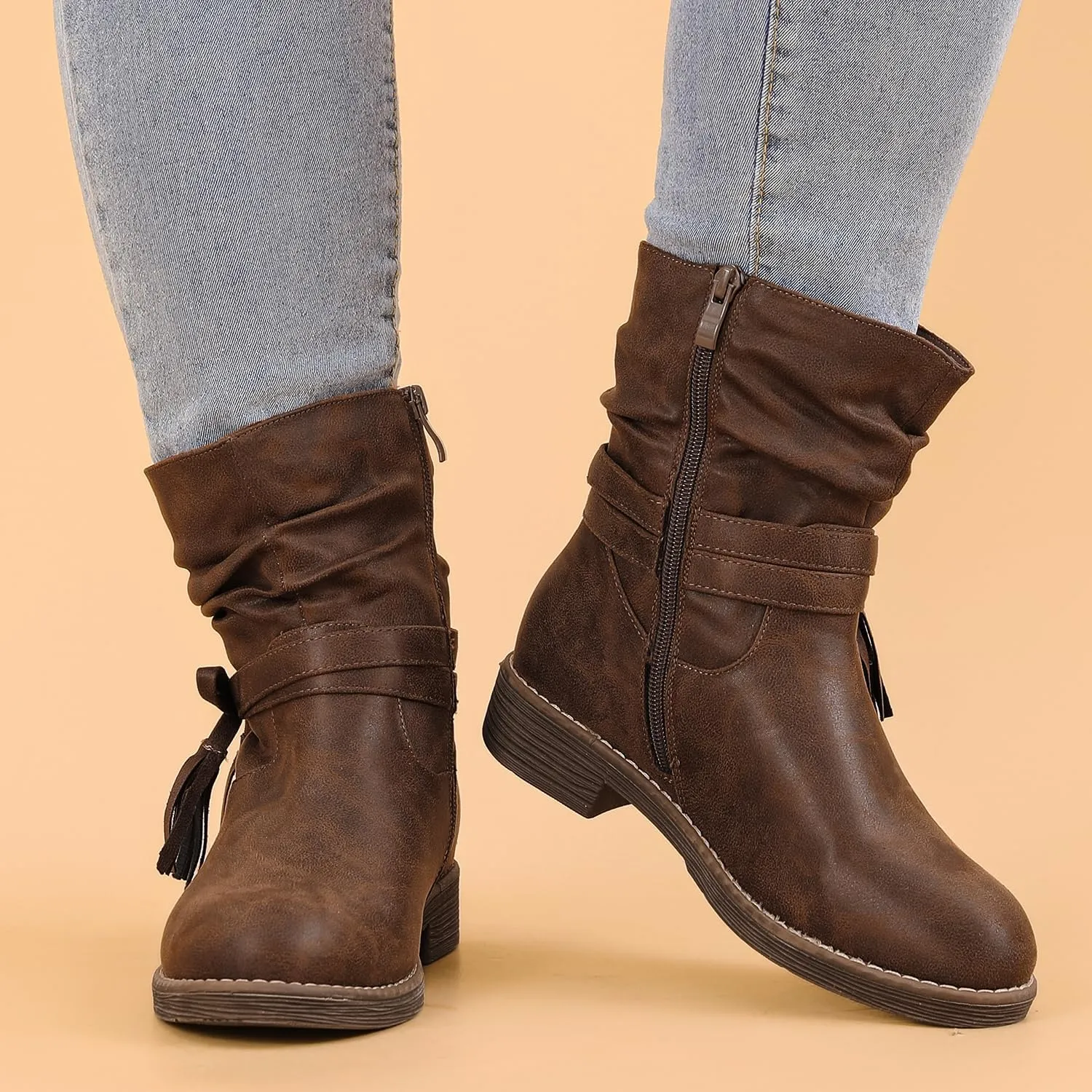 Luoika Women's Wide Width Ankle Boots - Low Heel Side Zipper Slouchy Mid Calf Boots Short Booties.