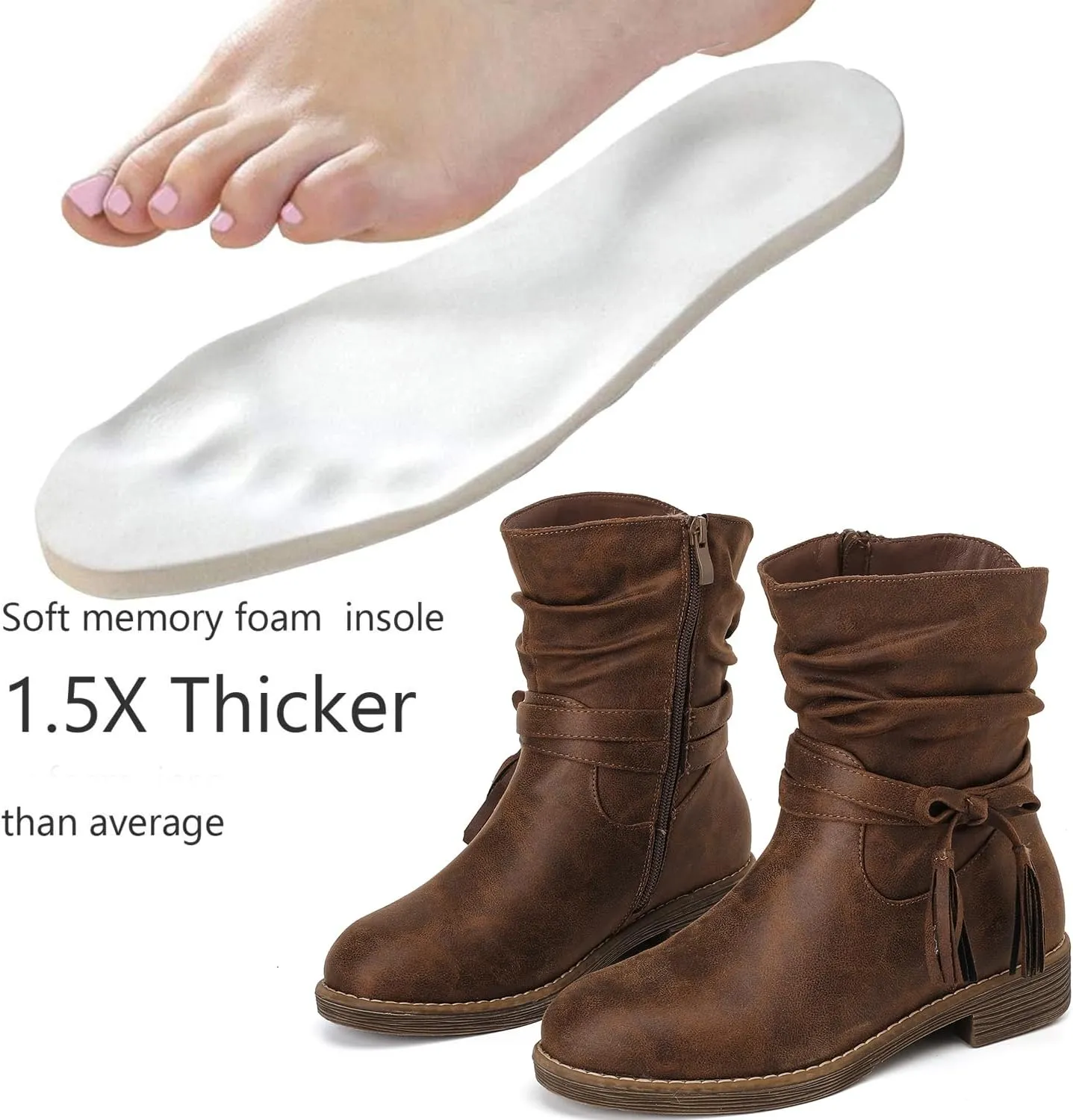 Luoika Women's Wide Width Ankle Boots - Low Heel Side Zipper Slouchy Mid Calf Boots Short Booties.