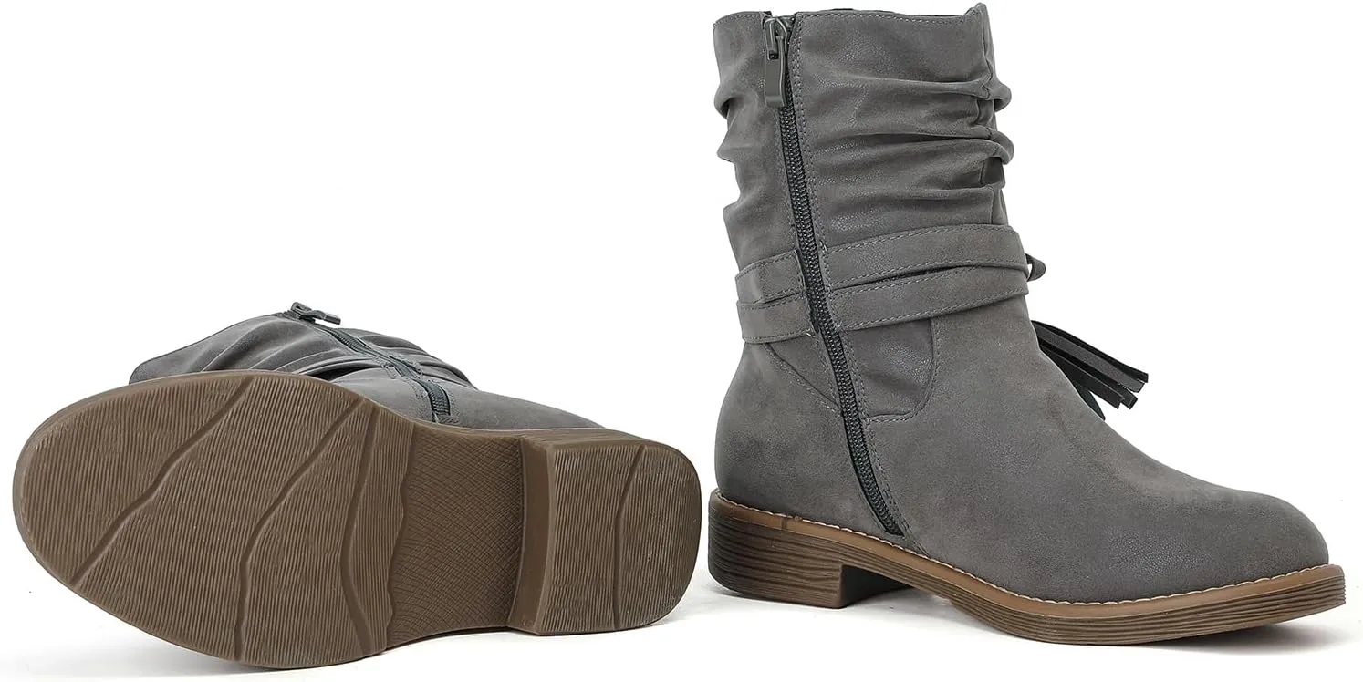 Luoika Women's Wide Width Ankle Boots - Low Heel Side Zipper Slouchy Mid Calf Boots Short Booties.