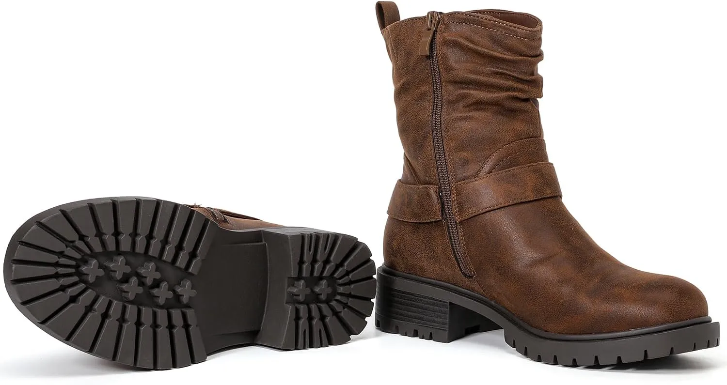 Luoika Women's Wide Width Ankle Boots - Low Heel Side Zipper Slouchy Mid Calf Boots Short Booties.
