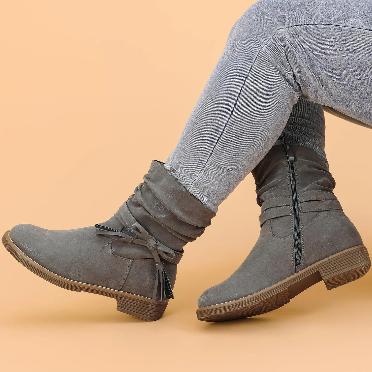 Luoika Women's Wide Width Ankle Boots - Low Heel Side Zipper Slouchy Mid Calf Boots Short Booties.