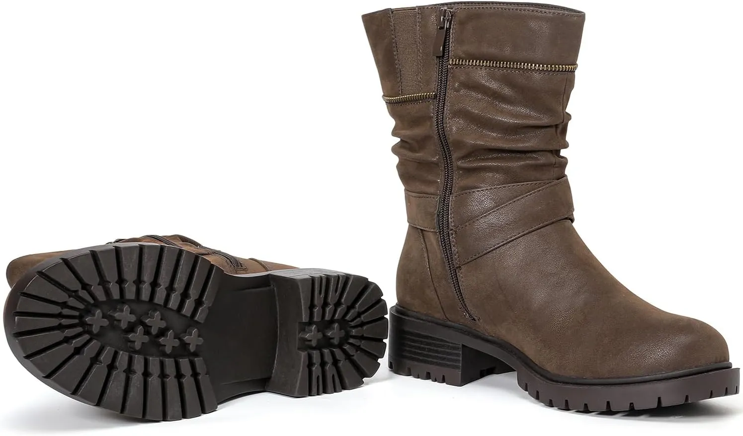Luoika Women's Wide Width Ankle Boots - Low Heel Side Zipper Slouchy Mid Calf Boots Short Booties.