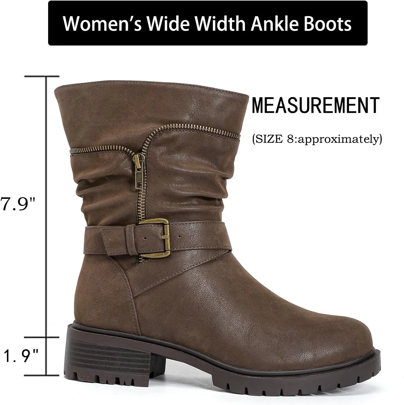 Luoika Women's Wide Width Ankle Boots - Low Heel Side Zipper Slouchy Mid Calf Boots Short Booties.