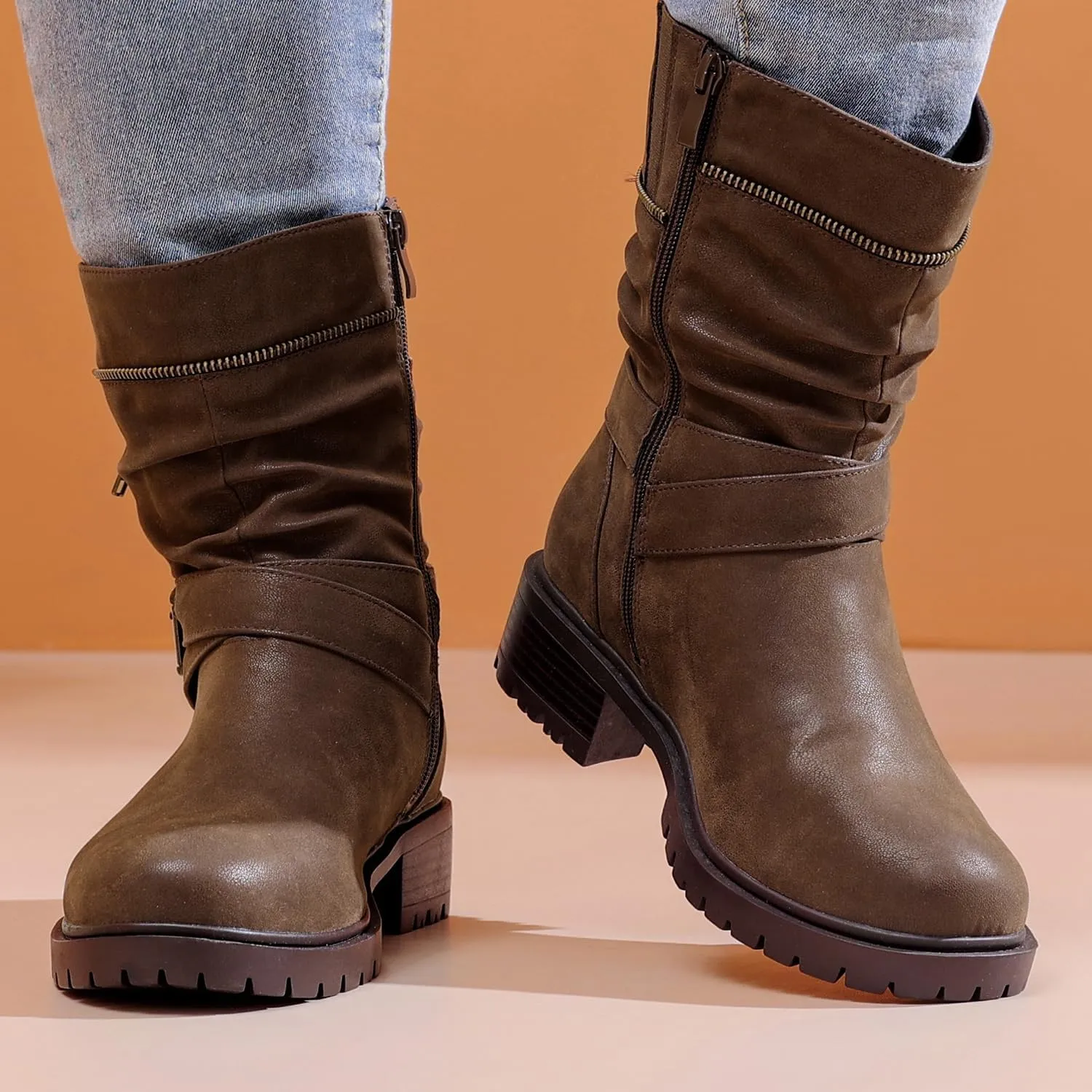 Luoika Women's Wide Width Ankle Boots - Low Heel Side Zipper Slouchy Mid Calf Boots Short Booties.