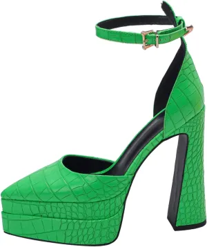 Lutalica W Trendy Women's Pointed Toe Sexy Crocodile Pattern Triple Platform Extreme High Block Heel Ankle Strap Pumps