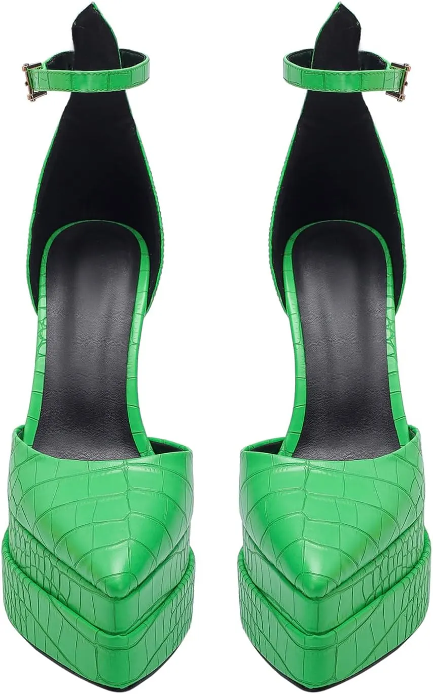Lutalica W Trendy Women's Pointed Toe Sexy Crocodile Pattern Triple Platform Extreme High Block Heel Ankle Strap Pumps