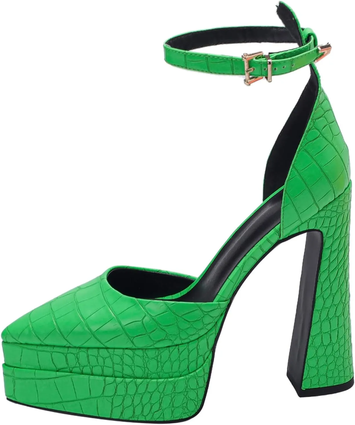 Lutalica W Trendy Women's Pointed Toe Sexy Crocodile Pattern Triple Platform Extreme High Block Heel Ankle Strap Pumps