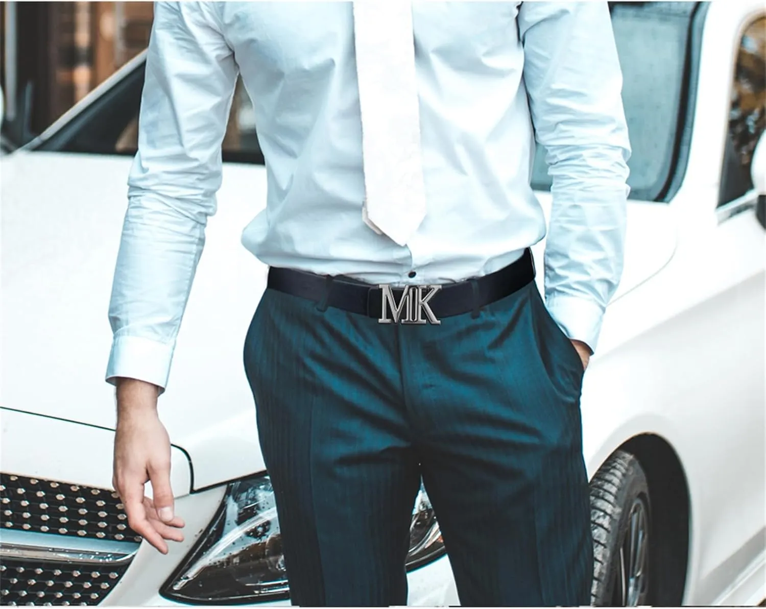 maikun Mens Dress Leather Belt, 1.3'' Width Casual Black Belt for Men