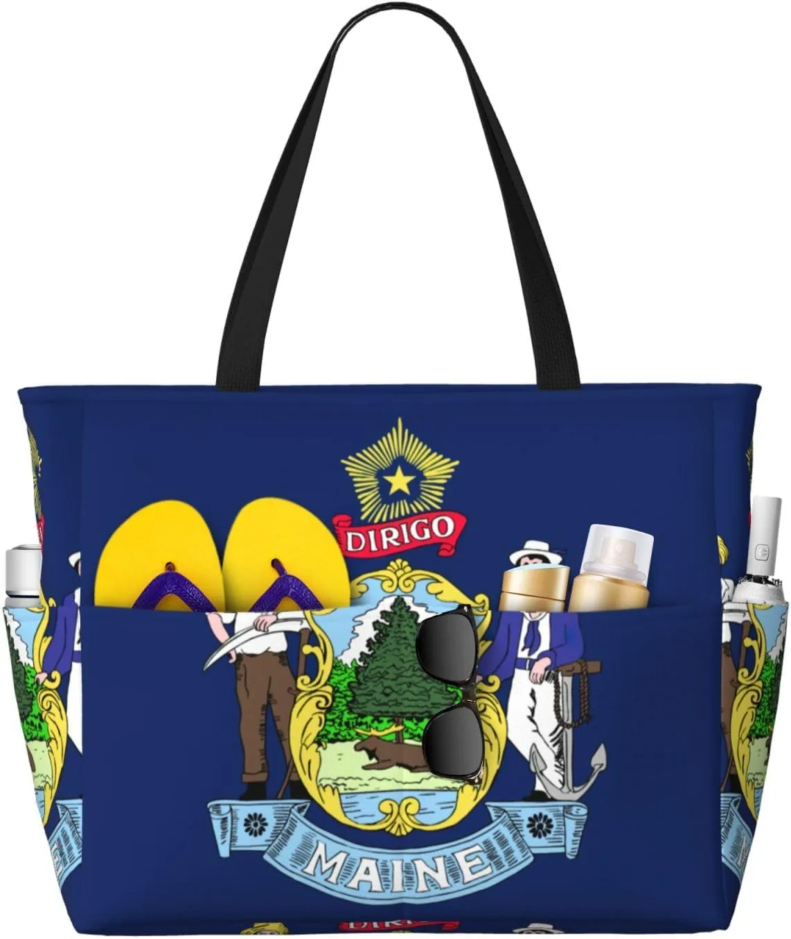 Maine State Flag Print Large Capacity Beach Travel Bag with Zipper and Pockets for Camping Travel Gym