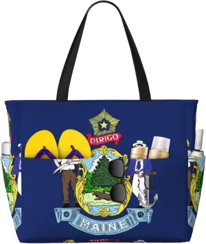 Maine State Flag Print Large Capacity Beach Travel Bag with Zipper and Pockets for Camping Travel Gym