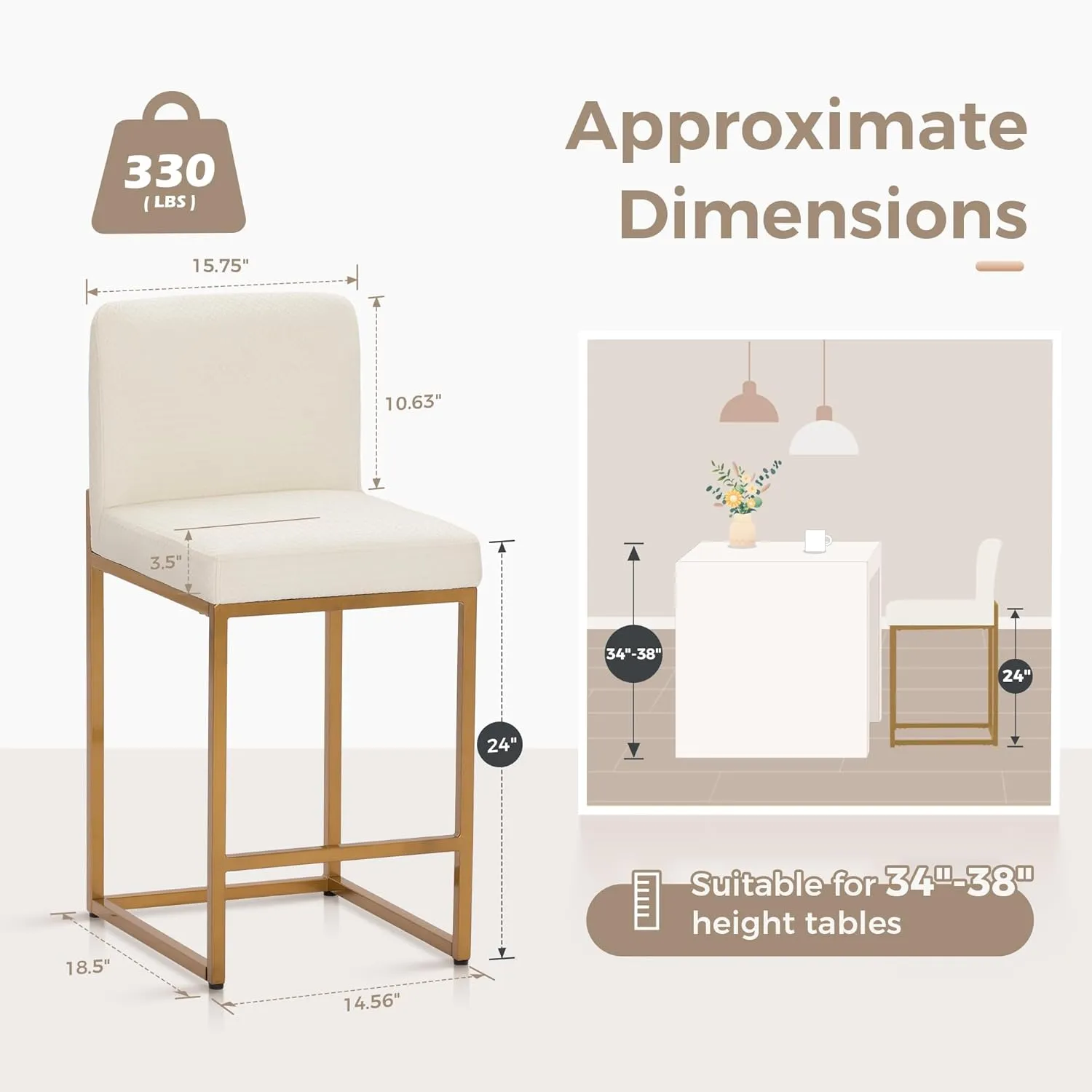 MAISON ARTS Off White & Gold Bar Stools Set of 4, Counter Height 24 Inch Barstools with Back, Modern Faux Leather Upholstered Bar Chairs for Kitchen Island & Home Bar, Metal Frame, Supports 330 lbs