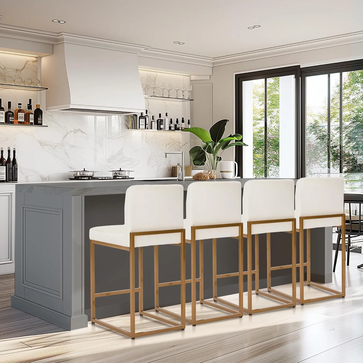 MAISON ARTS Off White & Gold Bar Stools Set of 4, Counter Height 24 Inch Barstools with Back, Modern Faux Leather Upholstered Bar Chairs for Kitchen Island & Home Bar, Metal Frame, Supports 330 lbs