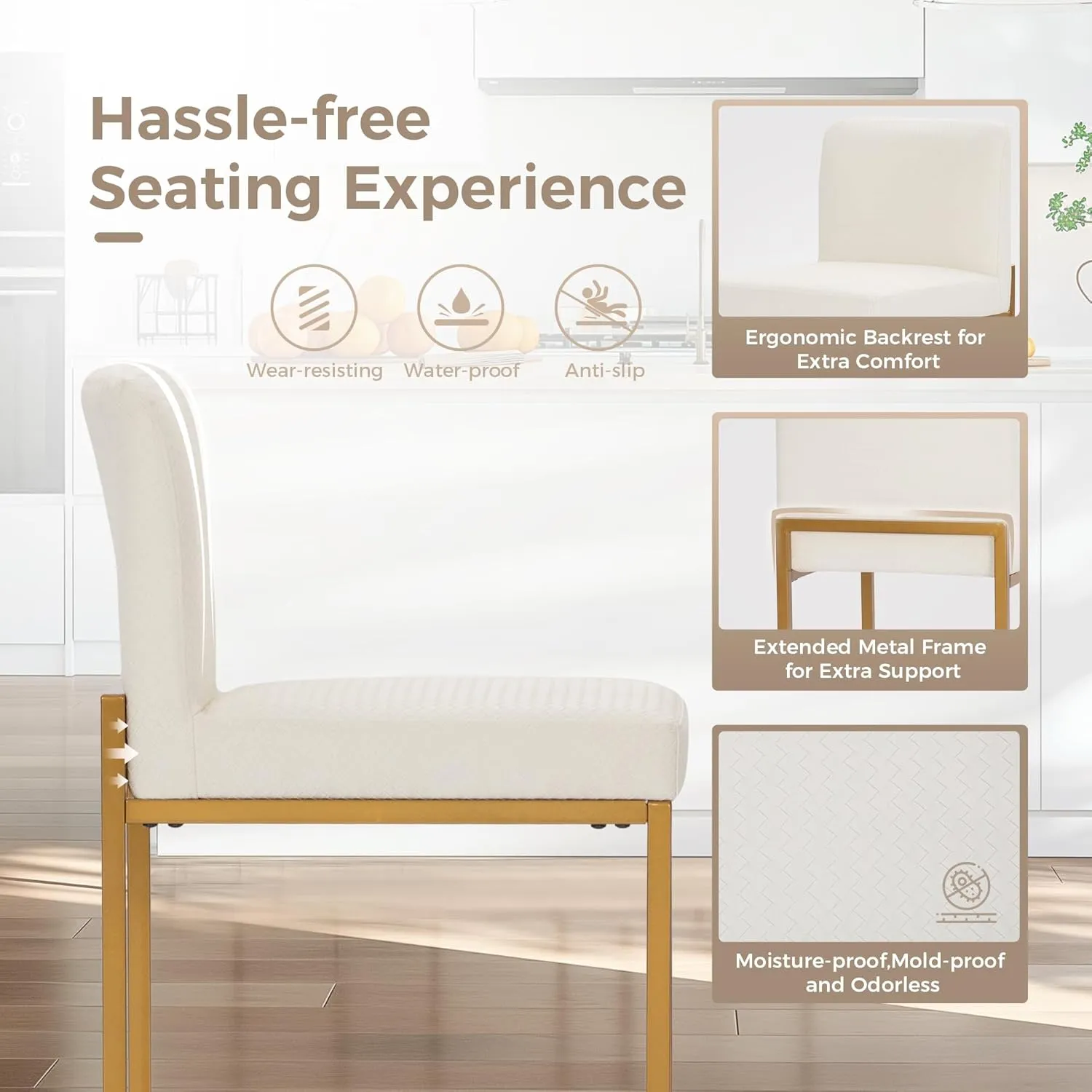 MAISON ARTS Off White & Gold Bar Stools Set of 4, Counter Height 24 Inch Barstools with Back, Modern Faux Leather Upholstered Bar Chairs for Kitchen Island & Home Bar, Metal Frame, Supports 330 lbs