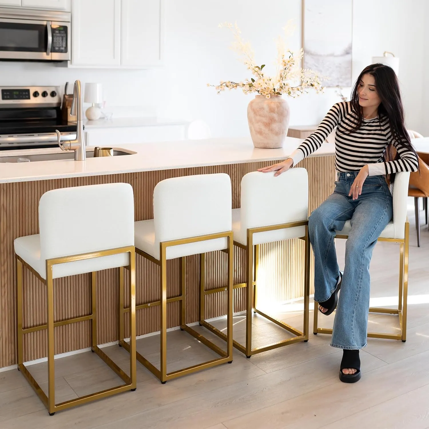 MAISON ARTS Off White & Gold Bar Stools Set of 4, Counter Height 24 Inch Barstools with Back, Modern Faux Leather Upholstered Bar Chairs for Kitchen Island & Home Bar, Metal Frame, Supports 330 lbs
