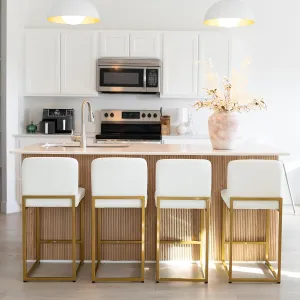 MAISON ARTS Off White & Gold Bar Stools Set of 4, Counter Height 24 Inch Barstools with Back, Modern Faux Leather Upholstered Bar Chairs for Kitchen Island & Home Bar, Metal Frame, Supports 330 lbs