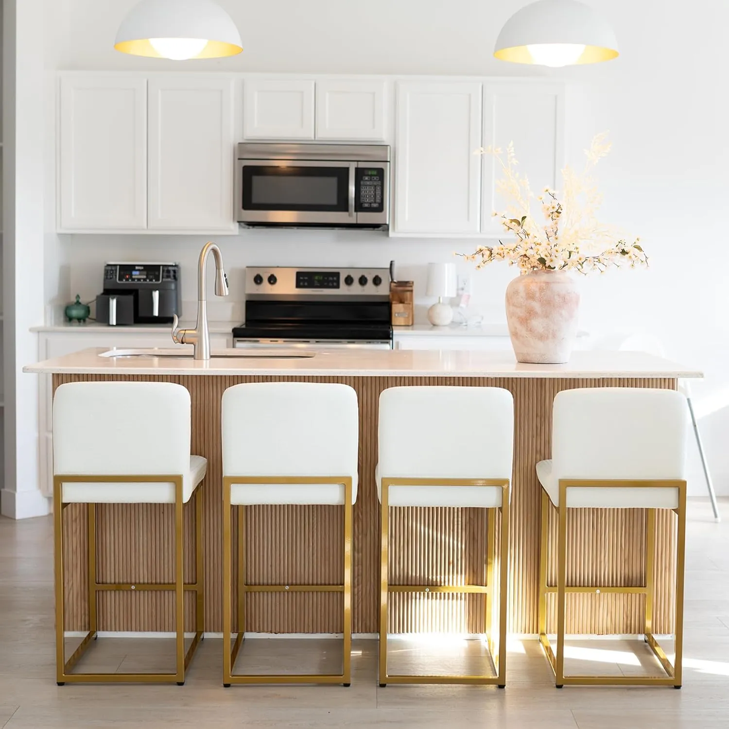 MAISON ARTS Off White & Gold Bar Stools Set of 4, Counter Height 24 Inch Barstools with Back, Modern Faux Leather Upholstered Bar Chairs for Kitchen Island & Home Bar, Metal Frame, Supports 330 lbs
